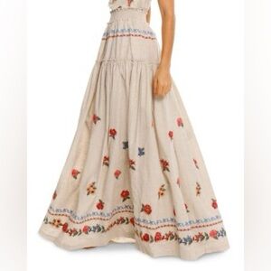 Agua Bendita Jenna Embroidered Linen Maxi‎ Skirt Boho Floral NWT S